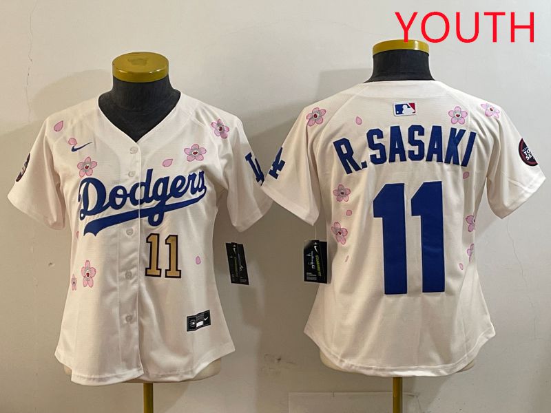 Youth Los Angeles Dodgers #11 R.Sasaki Cream Sakura Edition 2025 Nike MLB Jersey style 6